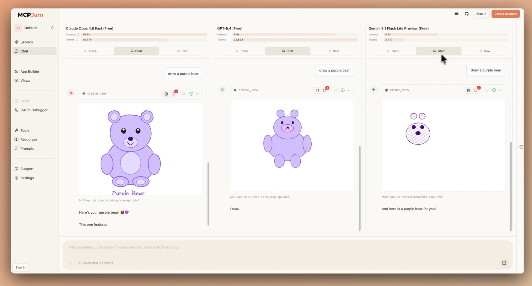MCPJam 并排比较前沿模型的聊天界面