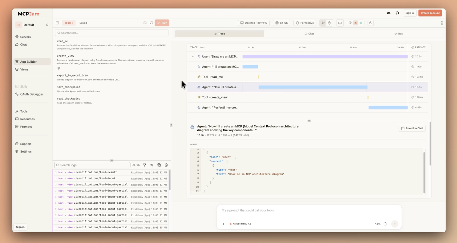 MCPJam 应用构建器追踪视图