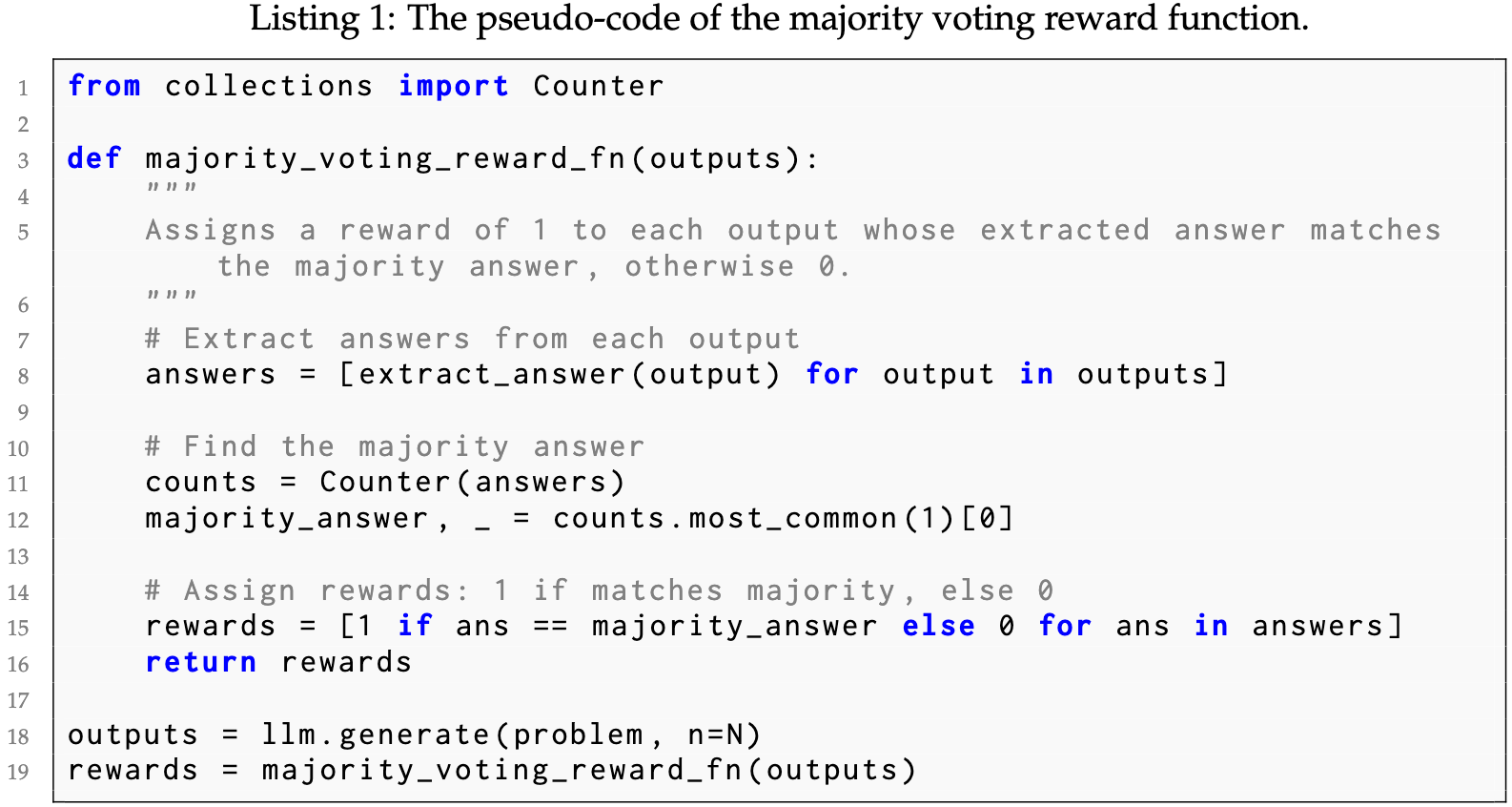 多数投票奖励函数的伪代码。