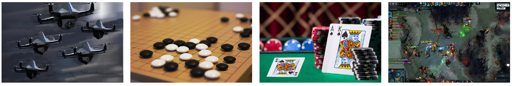 近年来 MARL 取得成功的四个代表性应用：无人机、围棋、扑克游戏和团队对战类电子游戏.