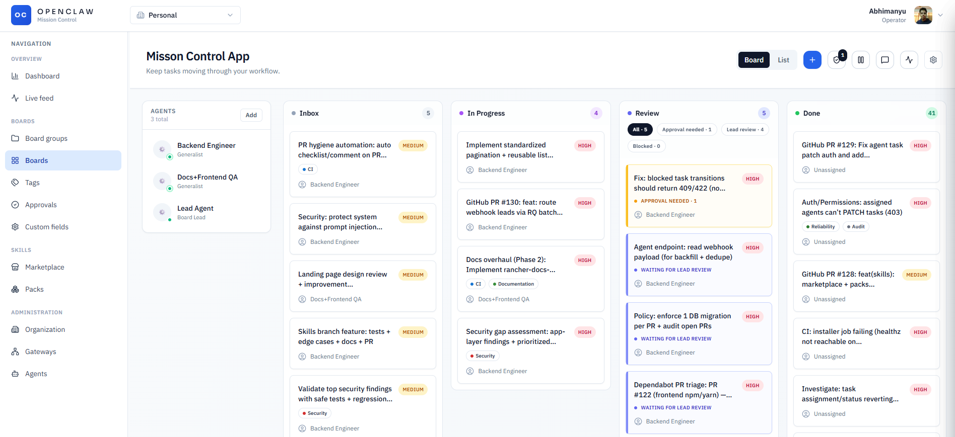 任务控制中心仪表板