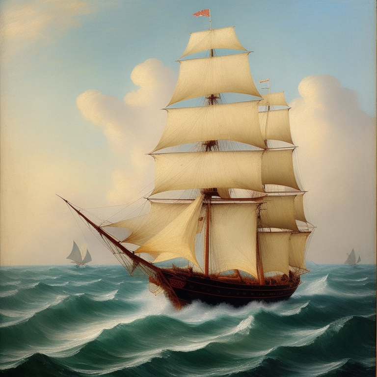 a sailship crossing the high sea, 18st century, impressionist painting, closeup