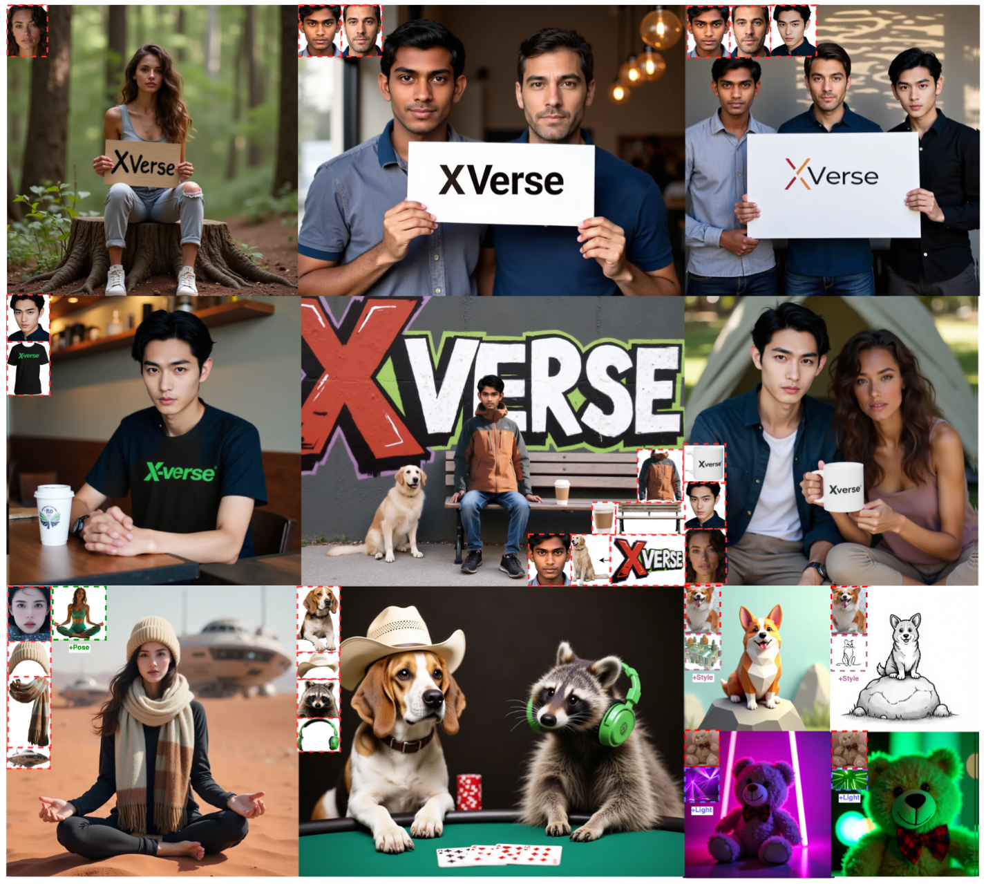 XVerse在单/多主体个性化及语义属性控制（姿态、风格、光照）方面的能力
