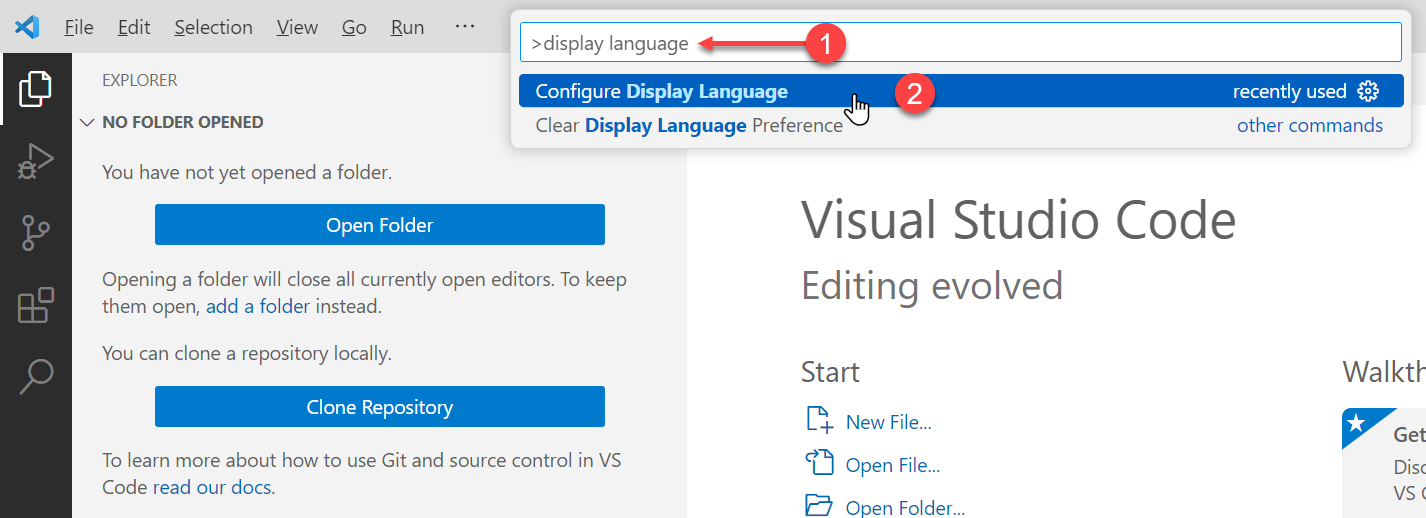 按下 `F1` 并输入 `>display language` 并选择 `Configure Display Language`