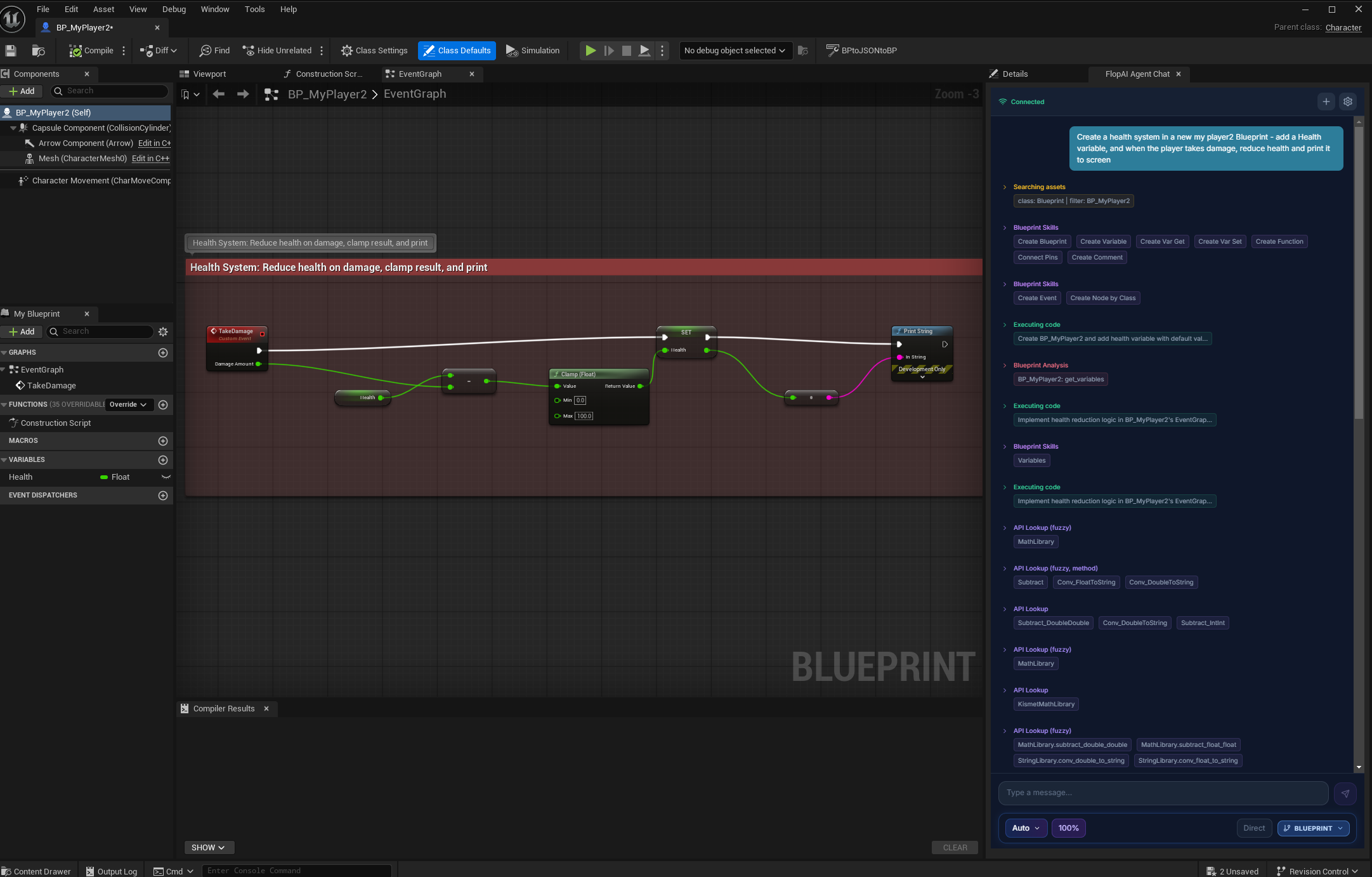 Flop AI 根据自然语言提示在 BP_MyPlayer2 中创建健康系统