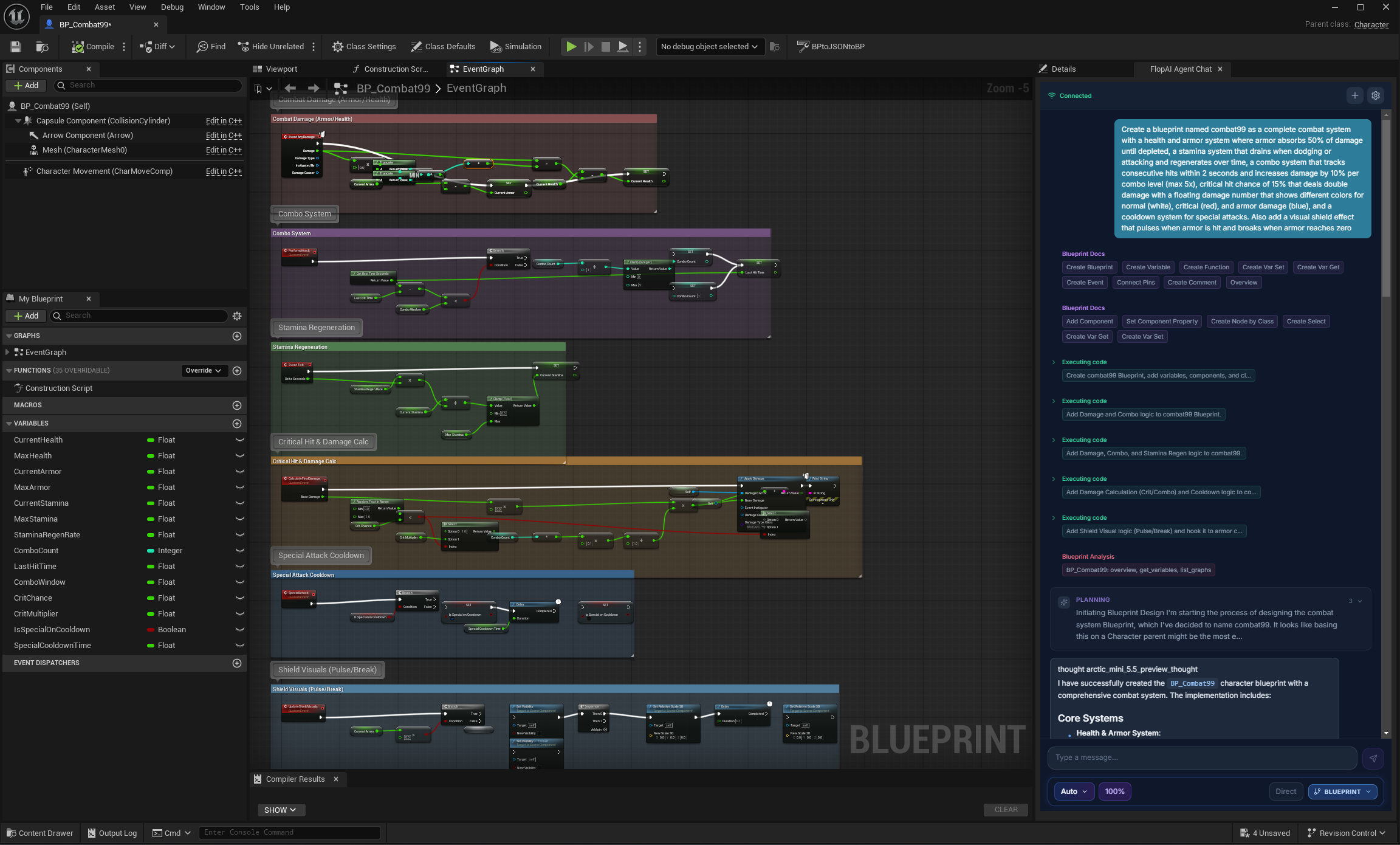 Flop AI 在 BP_Combat99 中构建完整的战斗系统，包含生命值、护甲、耐力、连击等功能