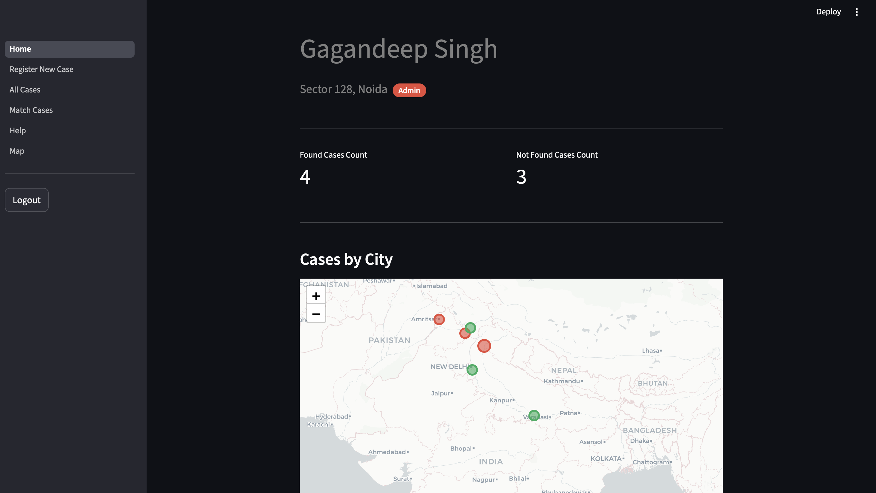 警官仪表盘：案件统计与印度地图