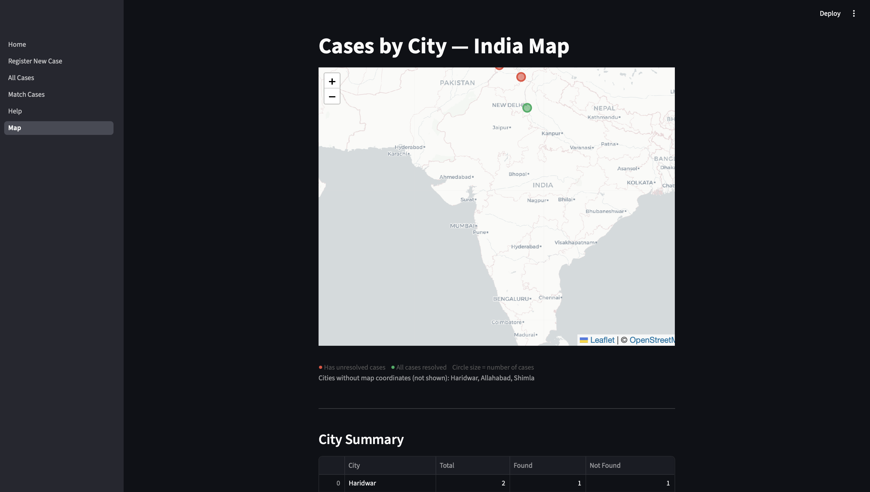按城市分类的案件 — 印度地图与城市摘要表