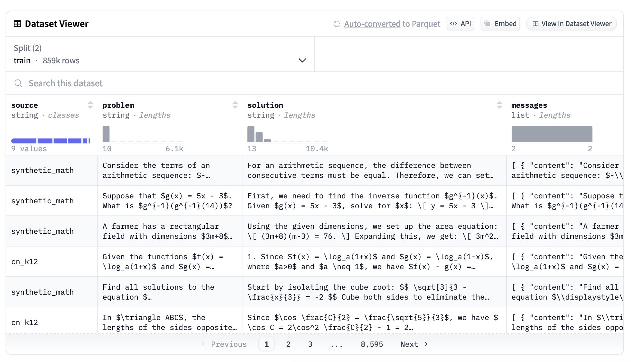 数据集查看器截图，适用于 Hugging Face 上托管的 'AI-MO/NuminaMath-CoT' 数据集