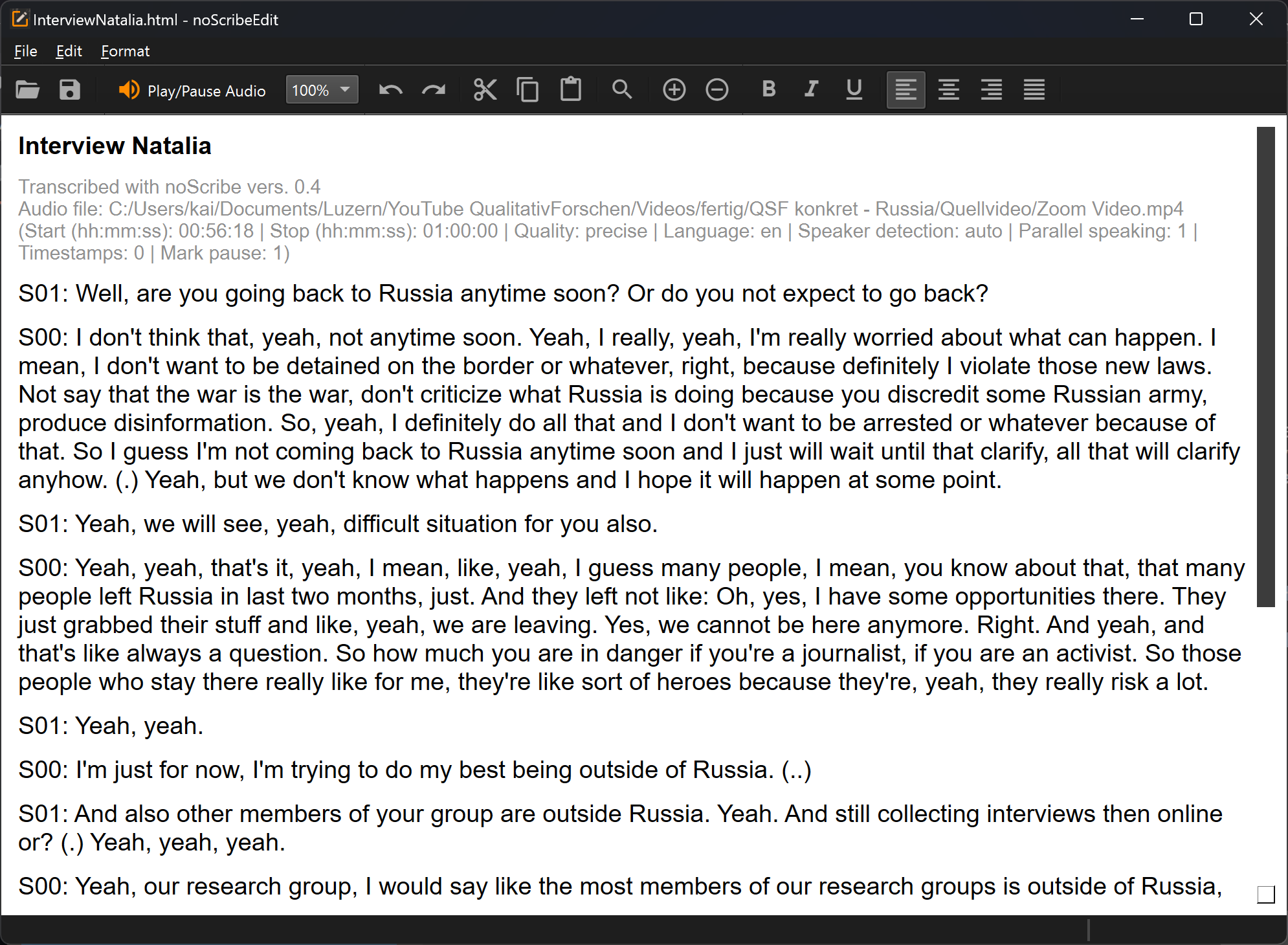 noScribe编辑器中的转录文本