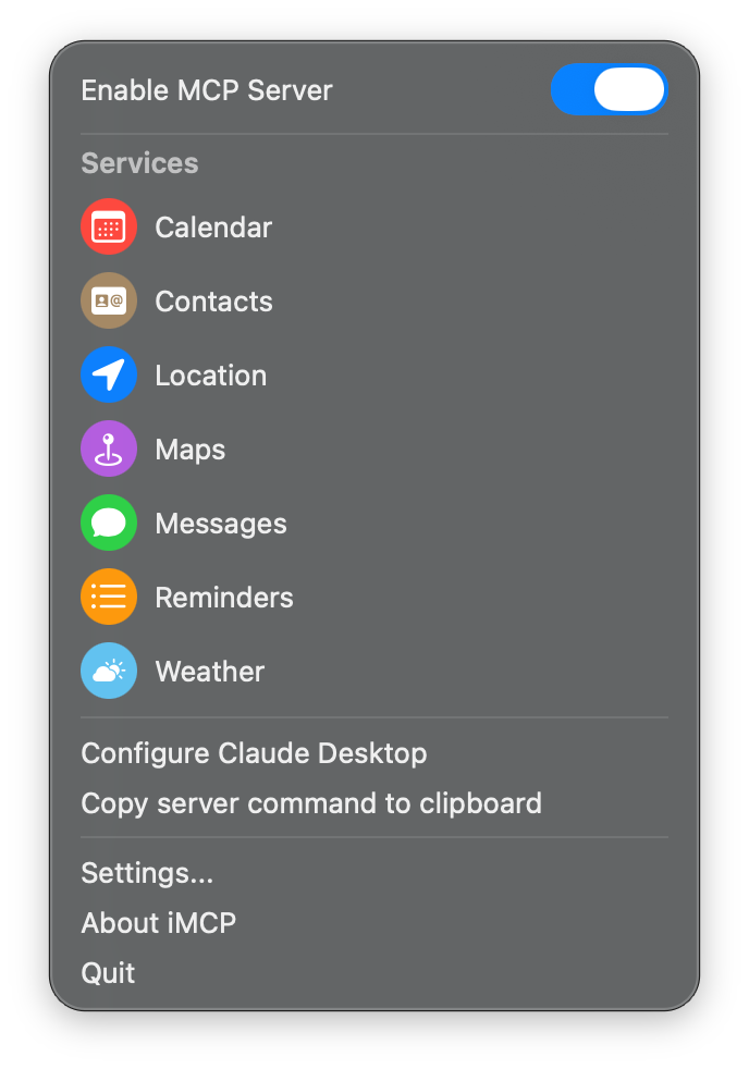 所有服务均已启用的 iMCP 截图