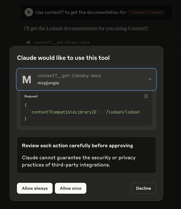 Claude 通过 MCPJungle 调用 context7 工具