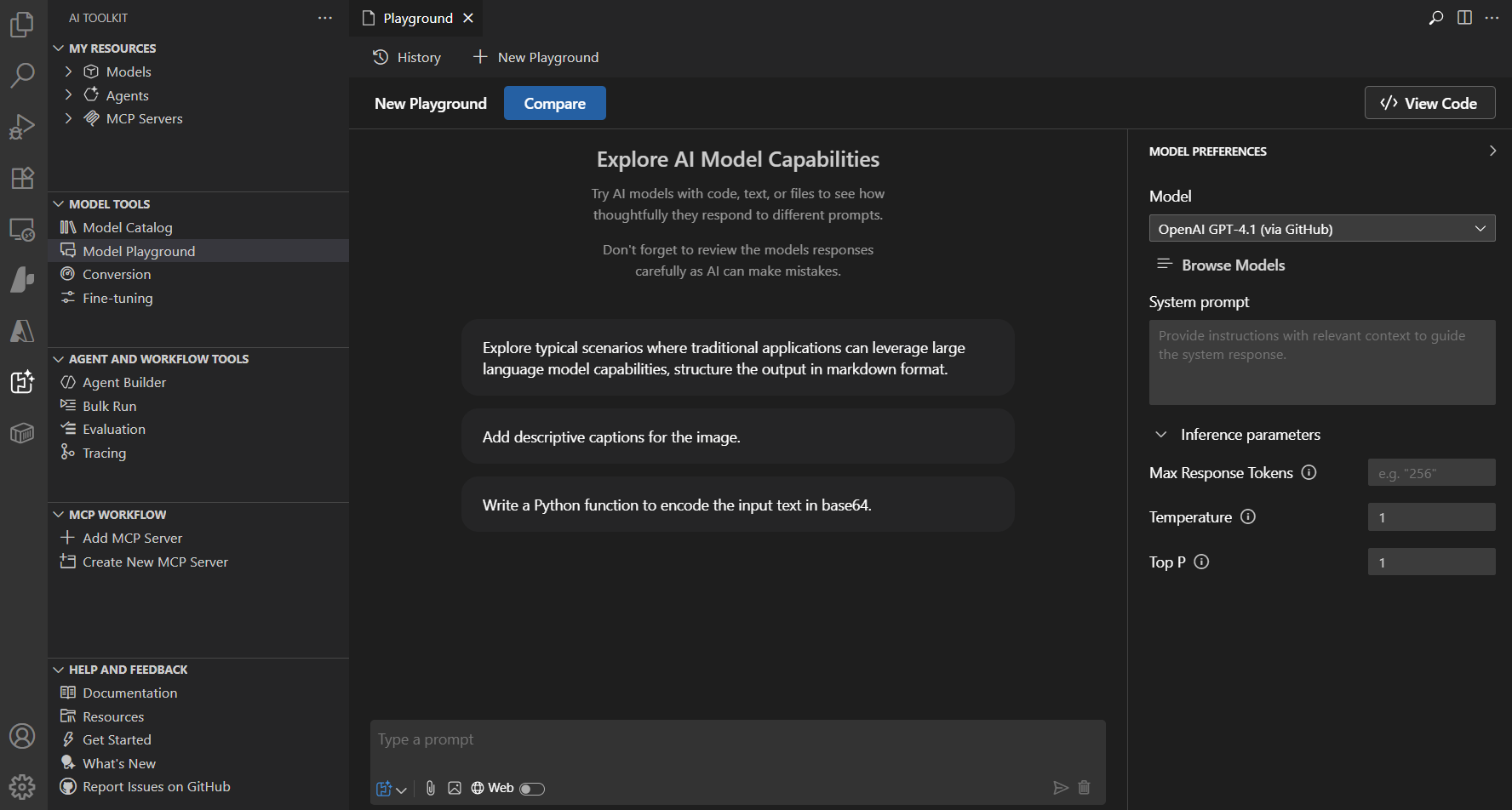 展示 AI 工具包游乐场界面的截图，包含聊天消息和模型参数控制