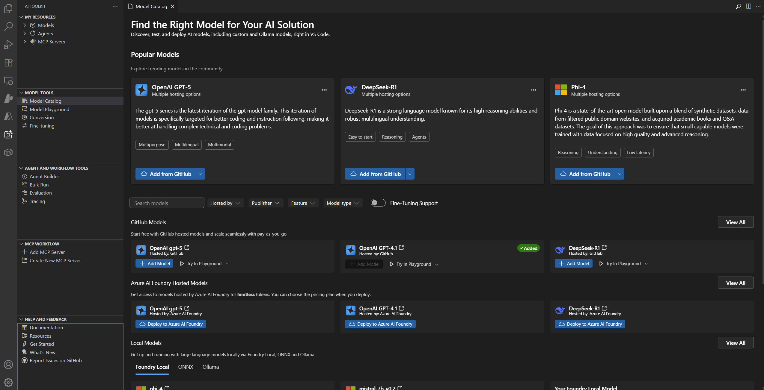 展示 AI 工具包模型目录界面的截图，包含多种 AI 模型选项