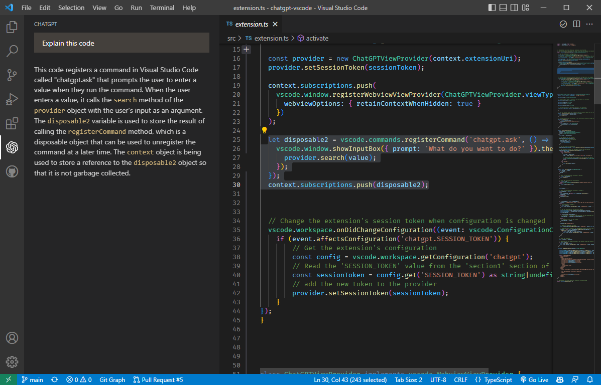 使用 ChatGPT 解释选中的代码