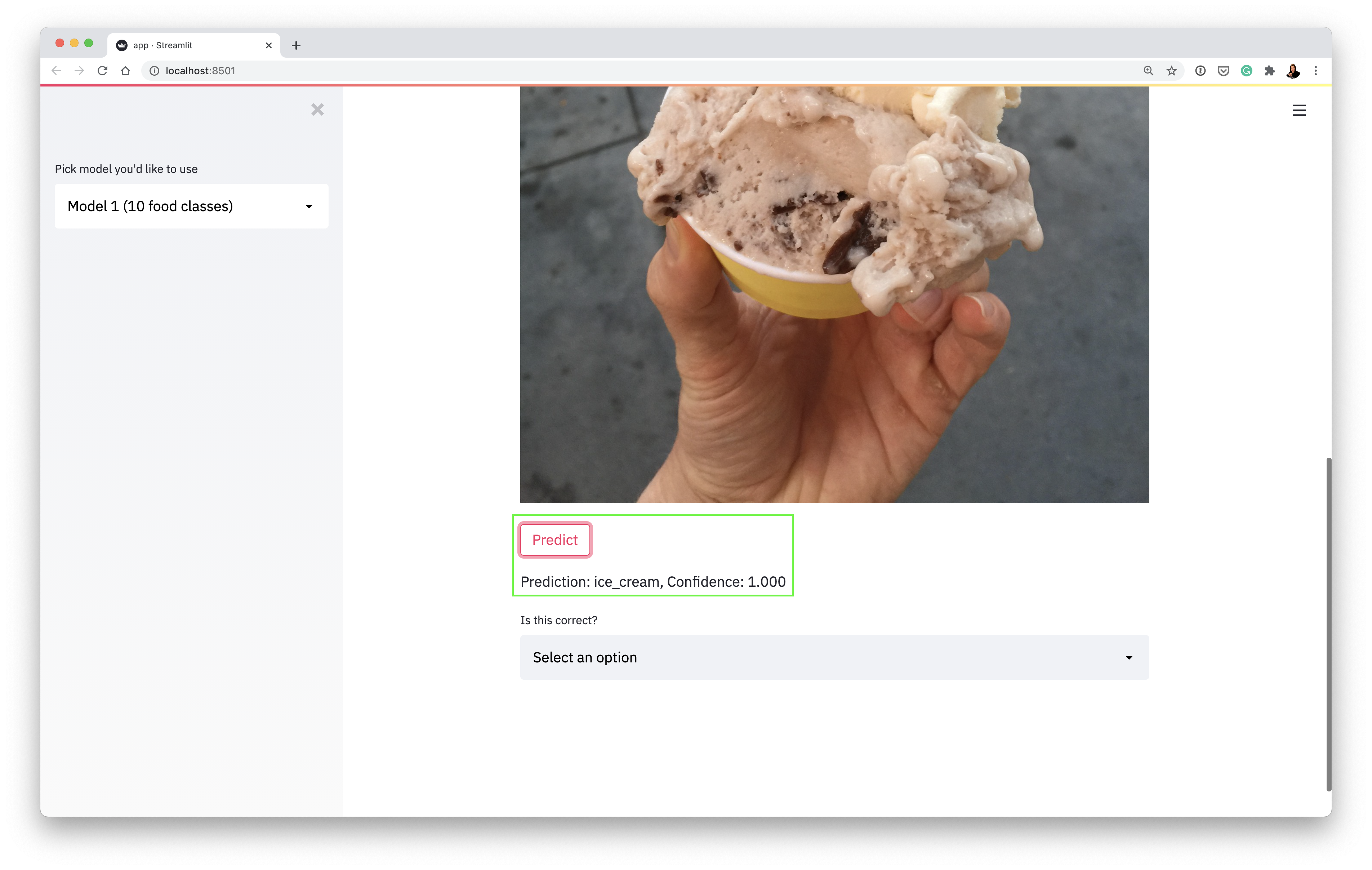 点击“预测”按钮且模型正确部署时显示的内容