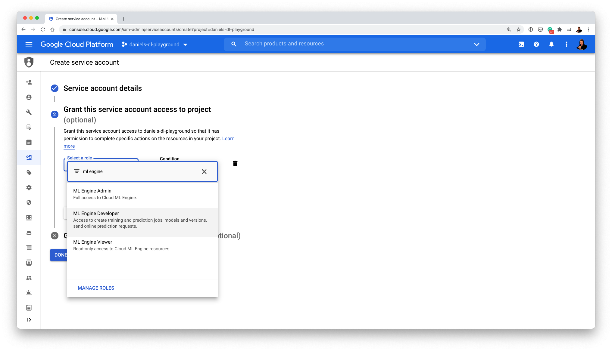 ML Engine 开发者角色权限
