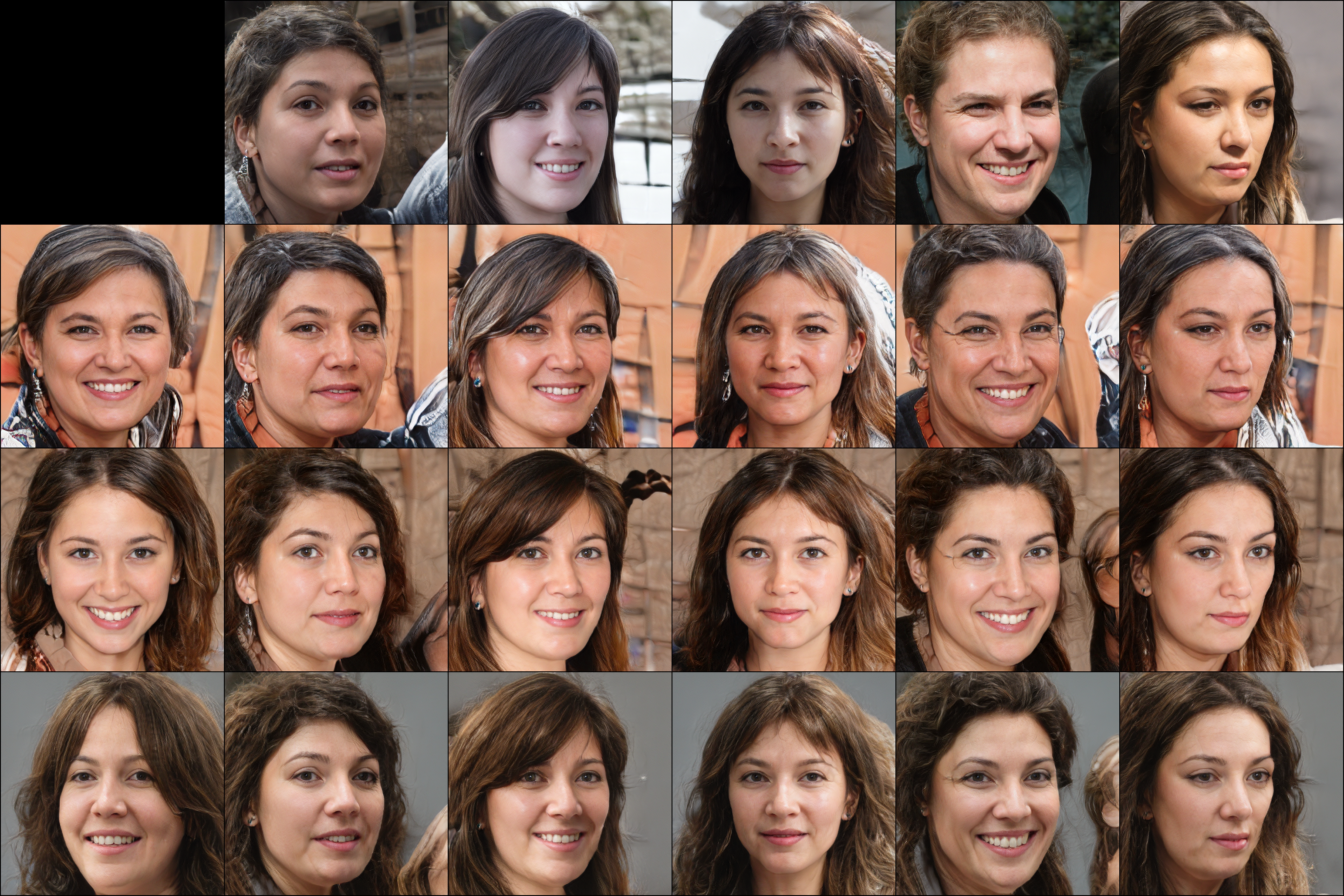 在 FFHQ 上训练的模型风格混合示例