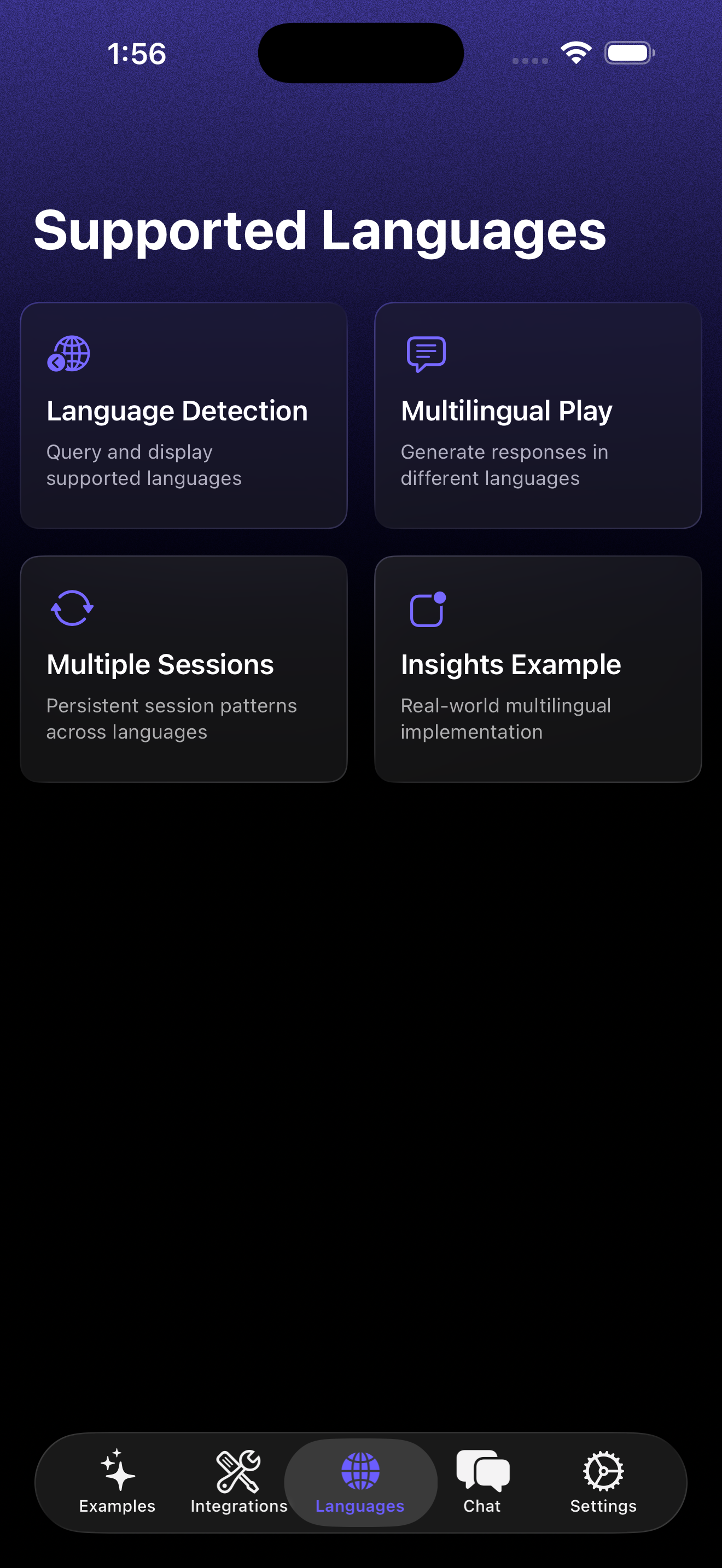 FMF 语言 - 语言页面展示了基础模型框架中的多种语言选项及语言选择界面
