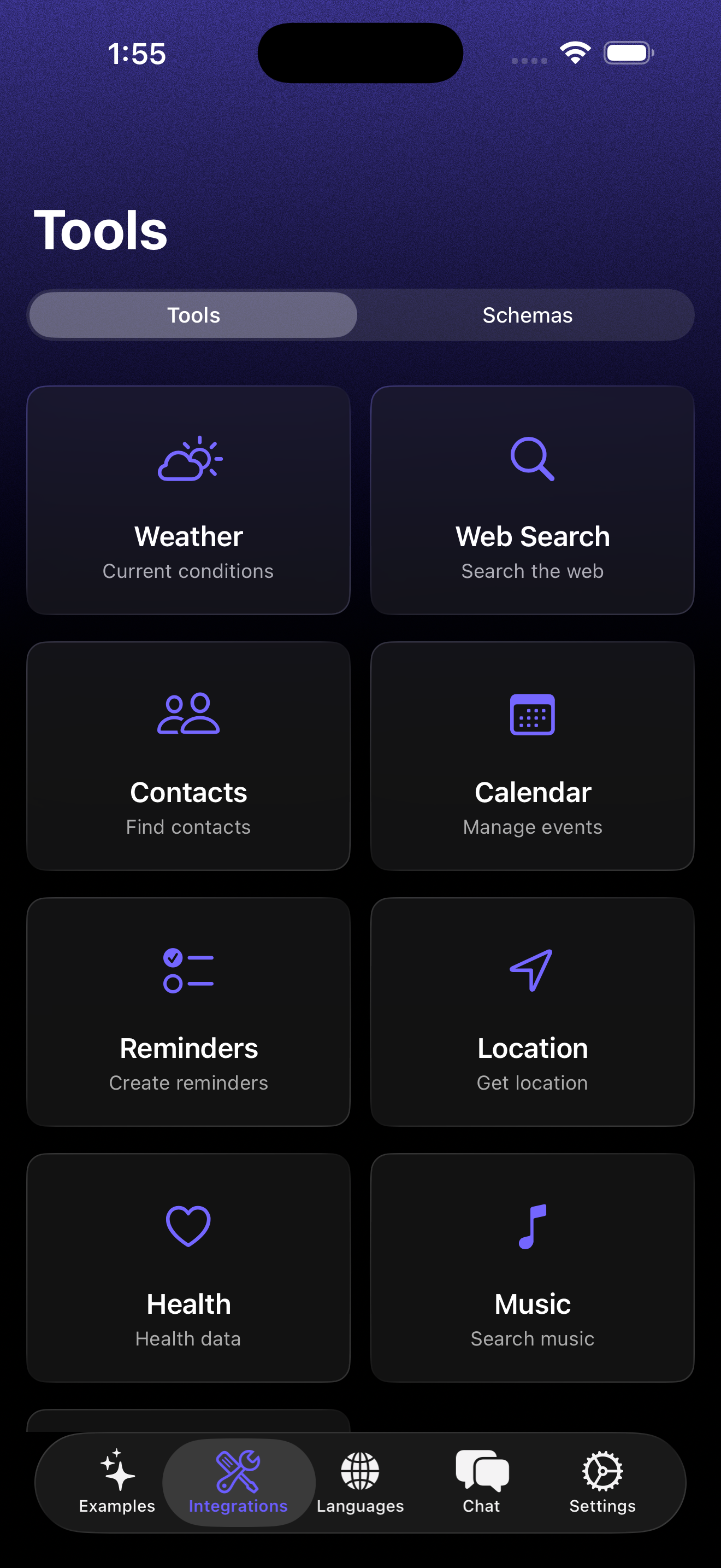 FMF 工具 - 工具页面展示了多种实用功能选项，包括天气、网页搜索、通讯录、日历、提醒事项、位置、健康、音乐和网页元数据工具