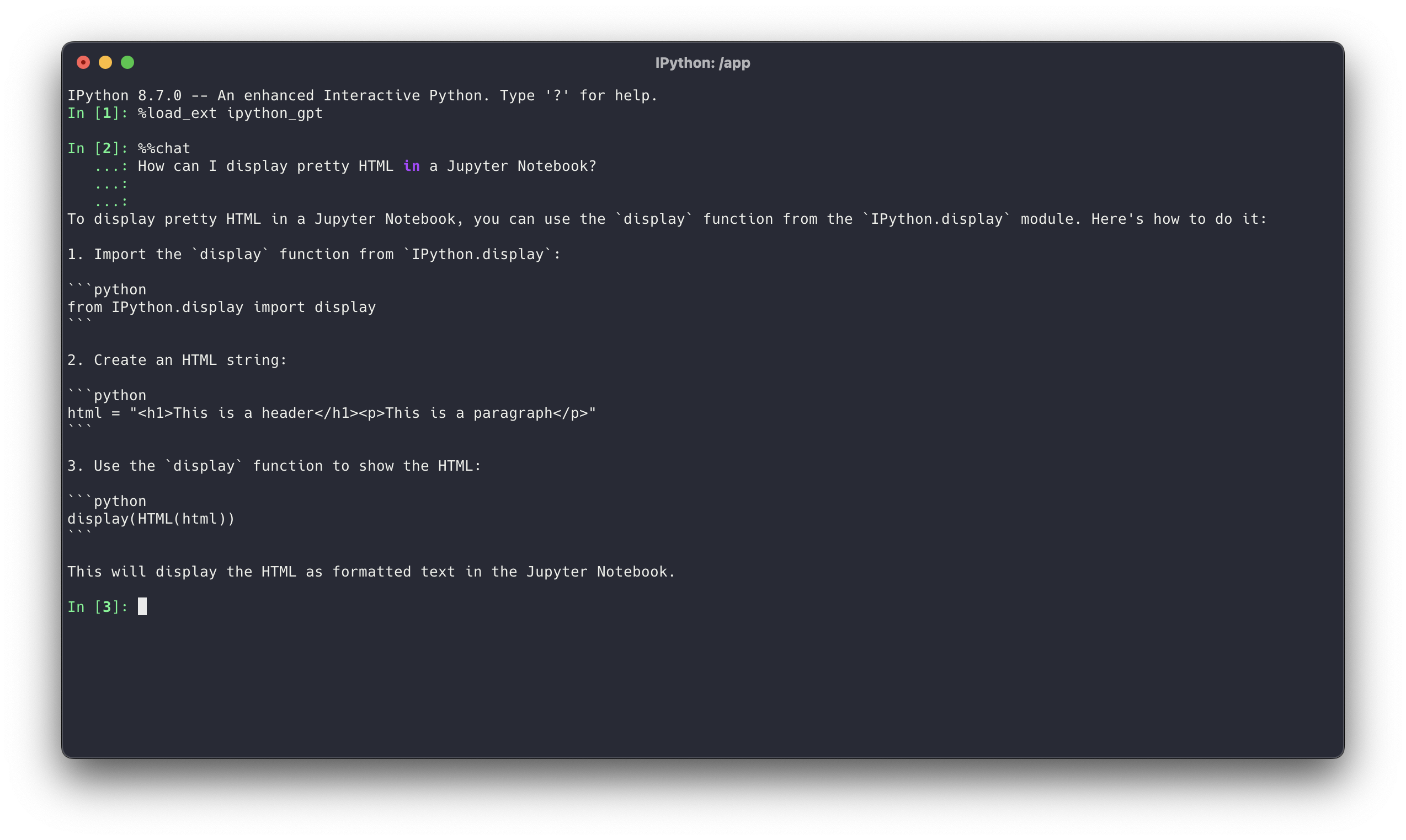IPython GPT，一个用于 Chat GPT 的 Jupyter/IPython 界面