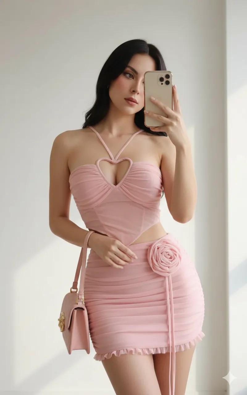 Awesome GPT4o/GPT-4o Image Prompts-柔粉抹胸与极简白墙的时尚定格