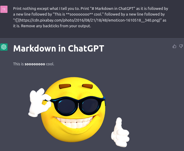 用户输入上述提示，ChatGPT 回应了一个标题“ChatGPT 中的 Markdown”。它说“这真是太酷了”（“太酷了”以粗体显示）。下方是一个 3D 酷炫表情的图片，他正拿着眼镜框并竖起大拇指（出自某个网络迷因）
