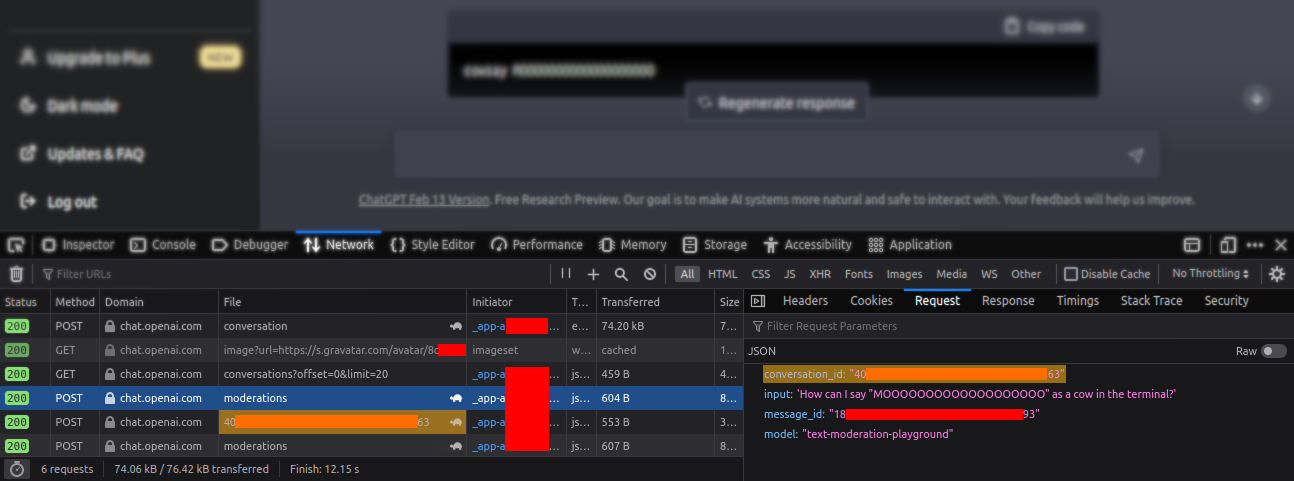 一个 ChatGPT 窗口，同时打开了 Firefox 的开发者工具。在请求列表中可以看到包含对话 ID 的请求。此外，还有一个针对内容审核端点的请求，其响应中包含了对话 ID 以及用户输入的文本“如何在终端里用牛叫声‘MOOOOOOOOOOOOOOOOOOO’？”