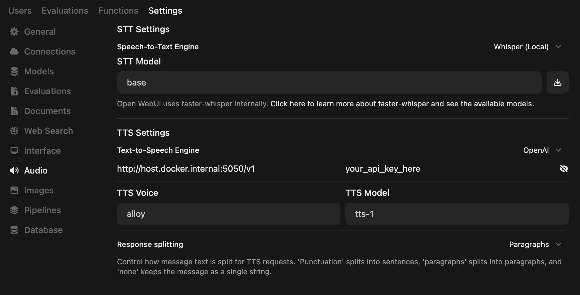 Open WebUI 管理设置中音频部分添加本项目正确端点的截图